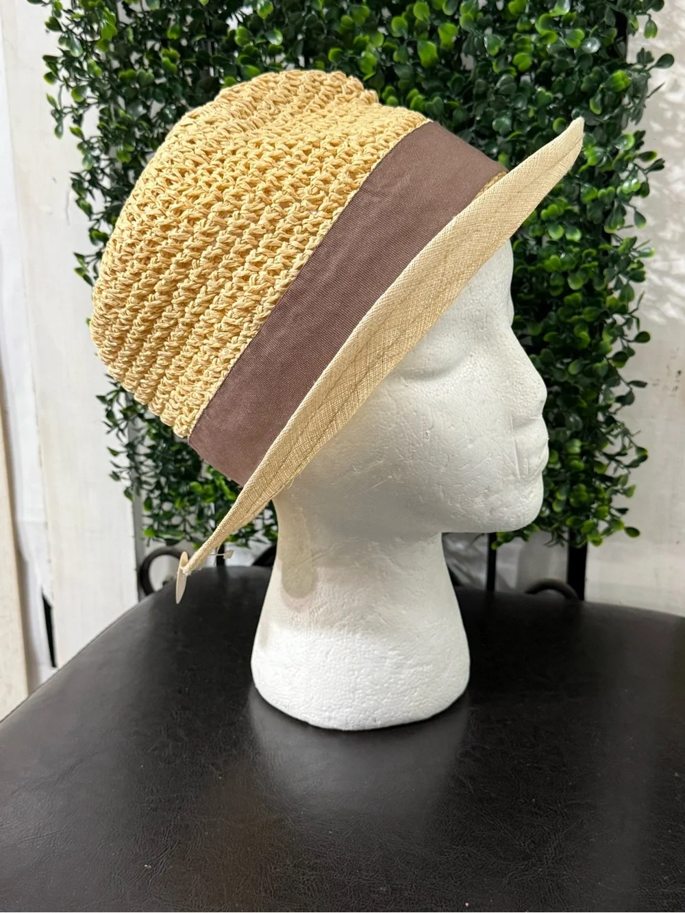 Linen and Straw Cloche Hat with Brown Ribbon